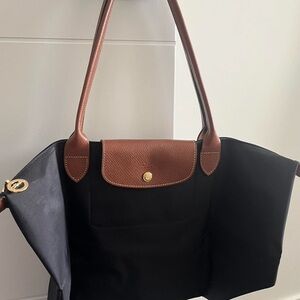 Large Black Long Champ Le Pliage Tote Bag